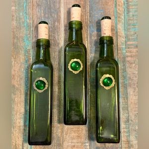 Beautiful Gift Set of 3 Decorative Antique Style Green Glass Corked Bottles